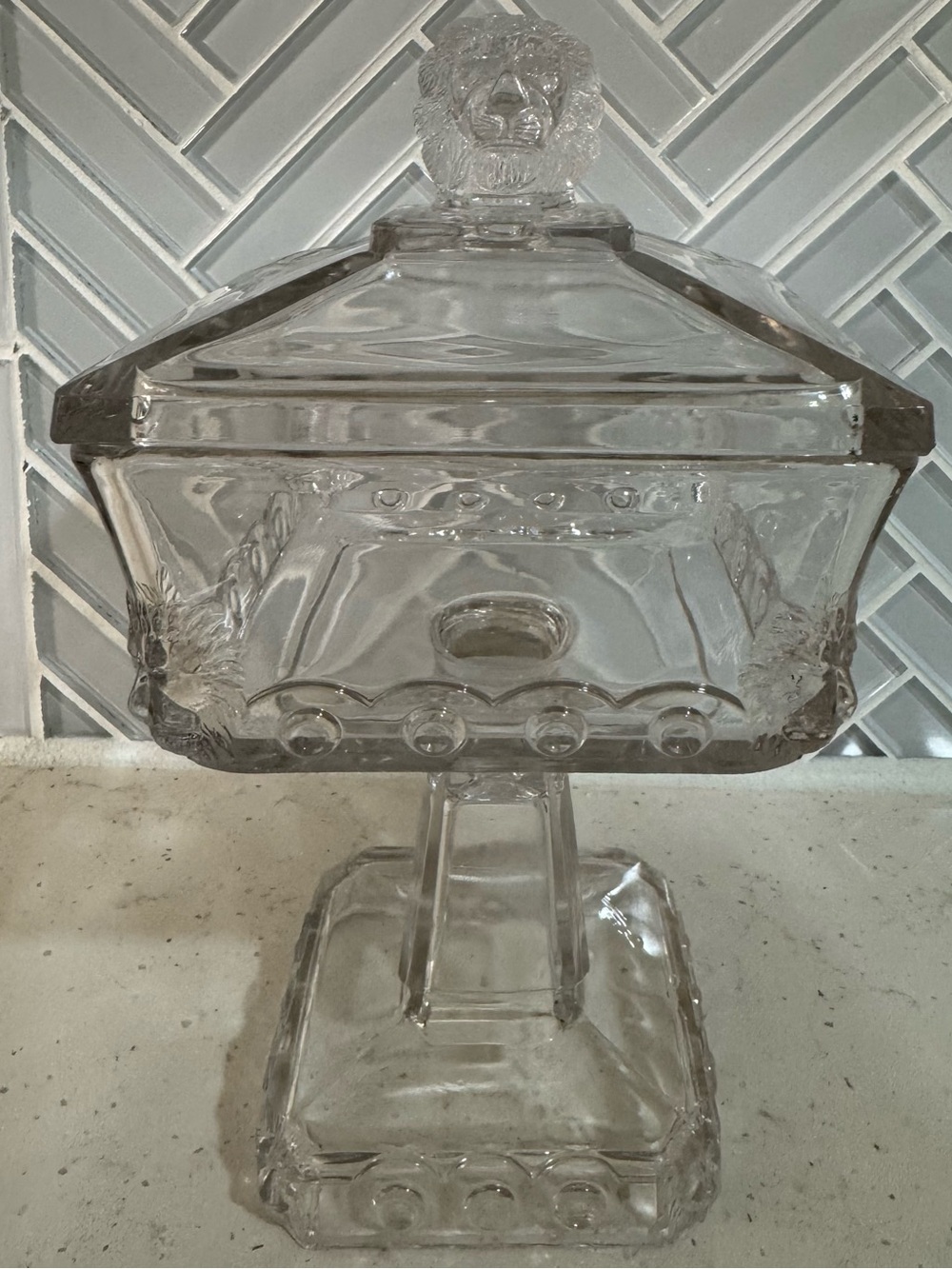 Fostoria Square Lion Compote Candy Dish with Top Lion’s Head Finial